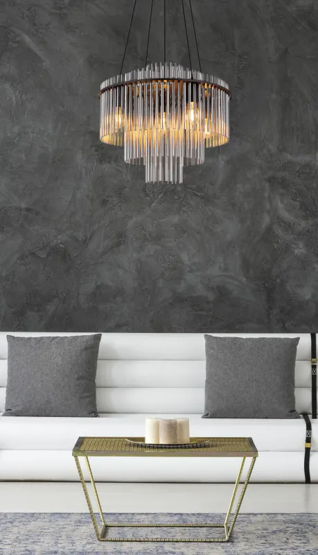 Gorley Ø50 Røgfarvet loftslampe Fra Globo Lighting - Med sin runda form och sk&auml;rm av r&ouml;kf&auml;rgade glasstavar skapar den en sofistikerad ljusbild och en st&auml;mningsfull atmosf&auml;r.