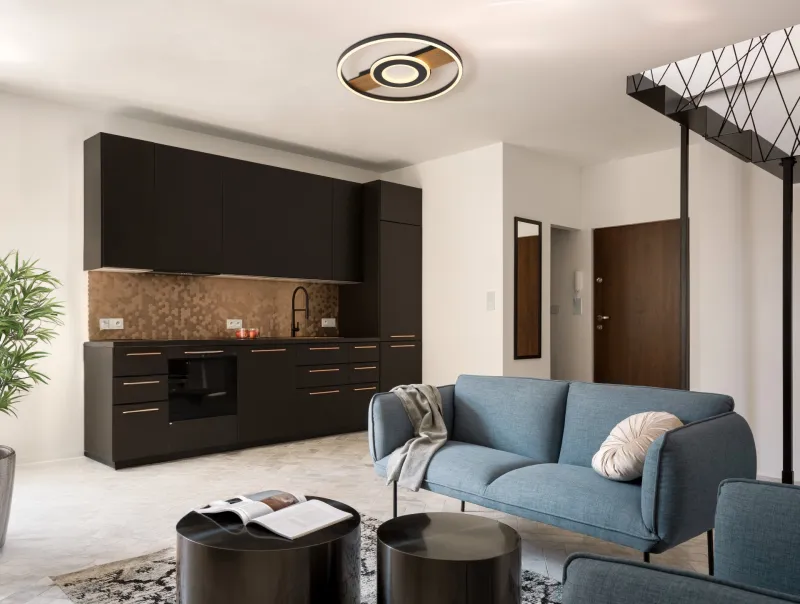 Pikara Ø40 Træ plafond Fra Globo Lighting - Den mattsvarta metallen tillsammans med tr&auml;looken skapar en stilfull balans mellan samtida design och naturlig estetik.