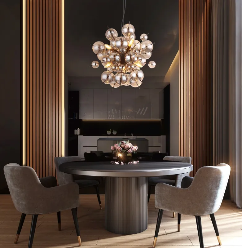 Udo Ø55 Røgfarvet loftslampe Fra Globo Lighting - Dess unika design imponerar med en rund form d&auml;r eleganta metallst&auml;nger sammanl&auml;nkas med dekorativa kulor i olika storlekar.