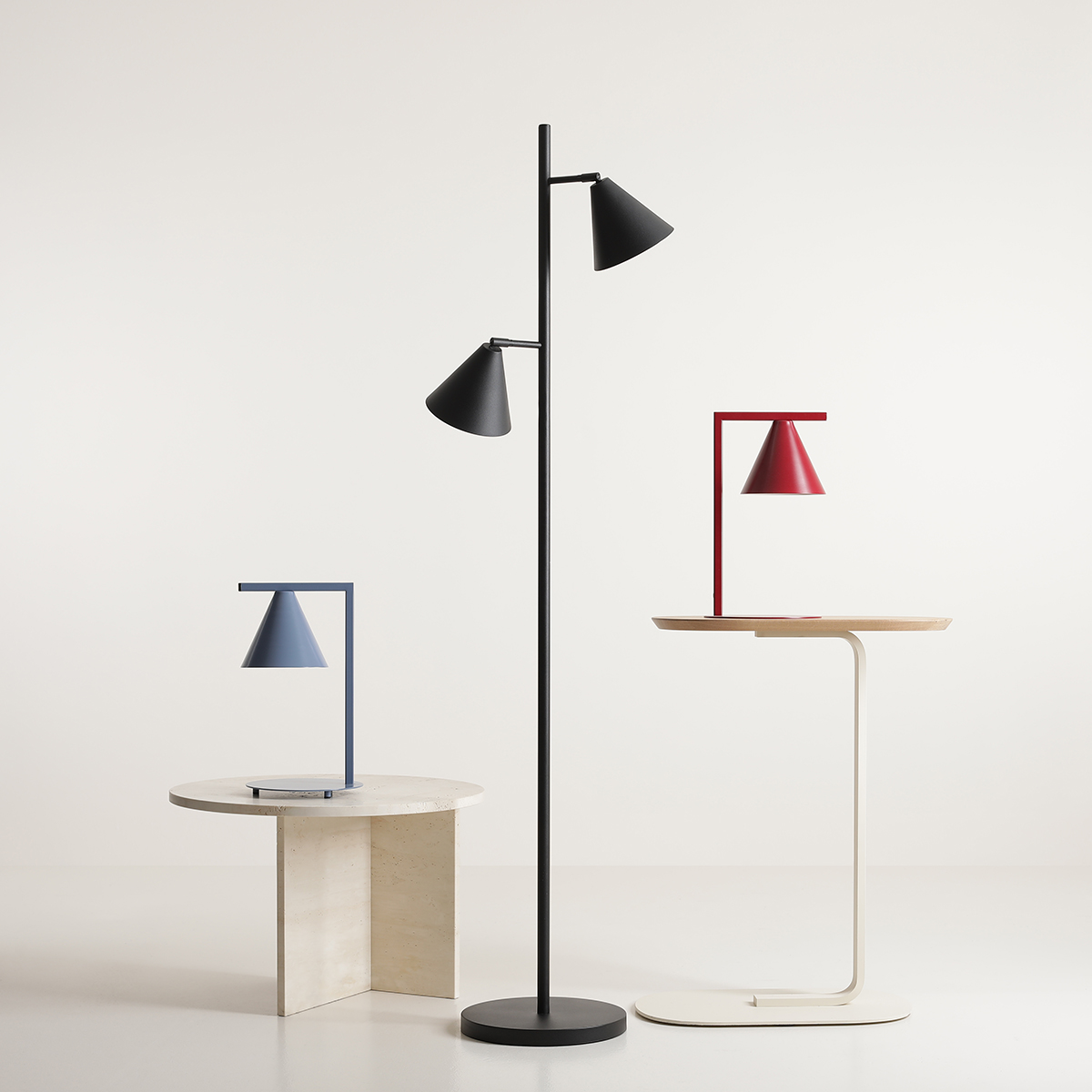Form 2 Sort gulvlampe Fra Artera - Denne minimalistiske væglampe med sine elegante kegleformede skærme i sort metal er det perfekte valg til dig, der ønsker et stilrent og moderne udtryk i dit hjem.
