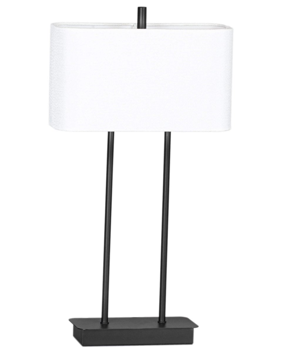 Luton 56cm Sort bordlampe Fra By Rydéns - Den sorte metalbase med den lange stander passer perfekt til den rektangul&aelig;re h&oslash;rsk&aelig;rm i hvid.