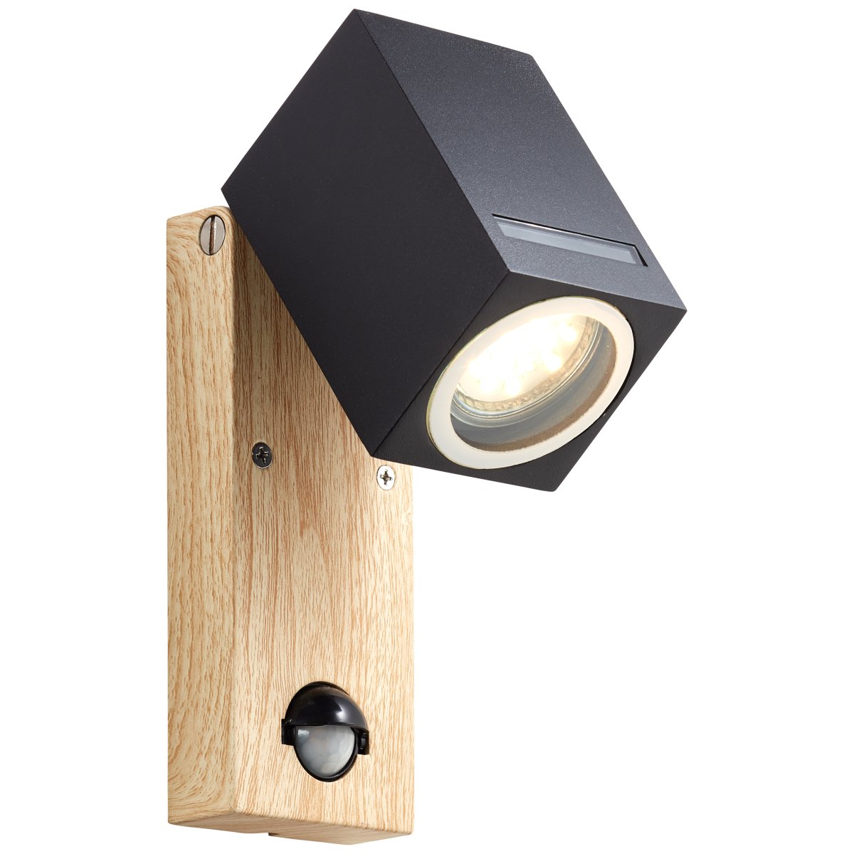 Galeni Natur udendørslampe Fra Brilliant - Den har en justerbar spotlight og en indbygget bevægelsessensor, der kan justeres i følsomhed, lys og tid, hvilket gør den både funktionel og praktisk.