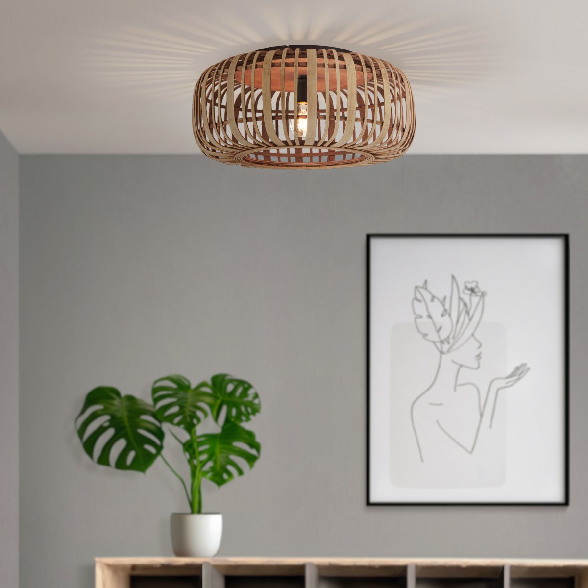 Woodrow Ø50 Natur plafond Fra Brilliant - Lampen giver et varmt og behageligt lys og skaber en behagelig f&oslash;lelse i rummet.
