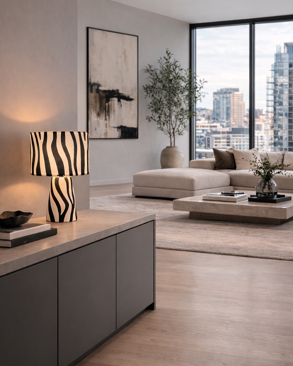 Zany 43cm Sort og hvid bordlampe Fra By Rydéns - Lampen er lavet af tekstil og metal og har et udtryksfuldt zebram&oslash;nster, der giver rummet et personligt og trendy pr&aelig;g.