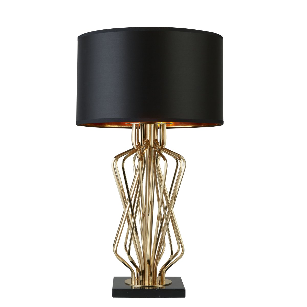 Ethan 72cm Guld bordlampe Fra Searchlight - Det skulpturelle design giver lampen et kunstnerisk udtryk, mens den sorte lampeskærm med gyldent interiør spreder et varmt og blødt skær.