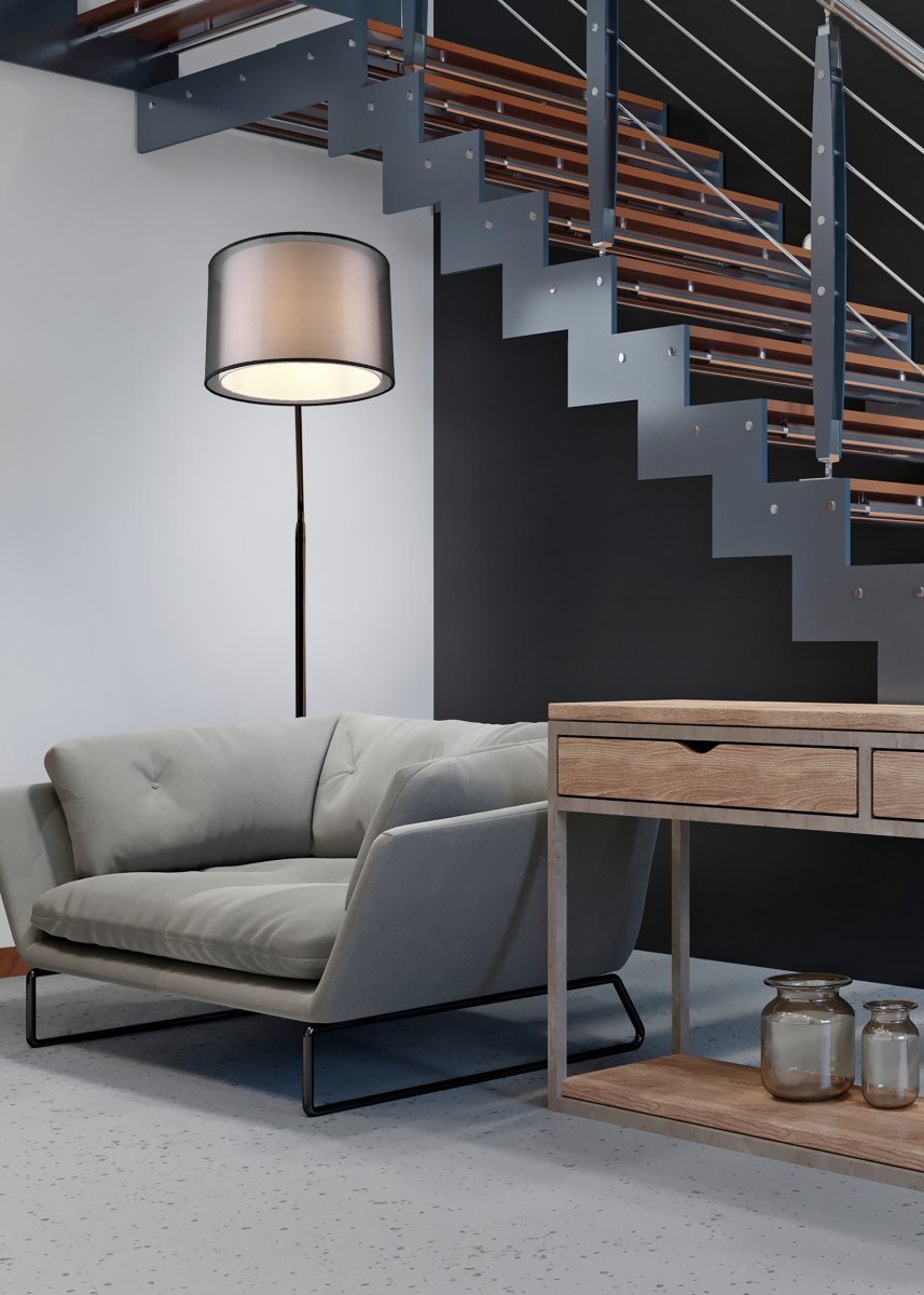 Burton Sort gulvlampe Fra Trio Lighting - Den moderne kombination af en indvendig hvid stofskærm og en udvendig gennemsigtig sort plastikskærm ser både individuel og forfriskende ud og kan integreres i moderne livsstil ved; mange måder.