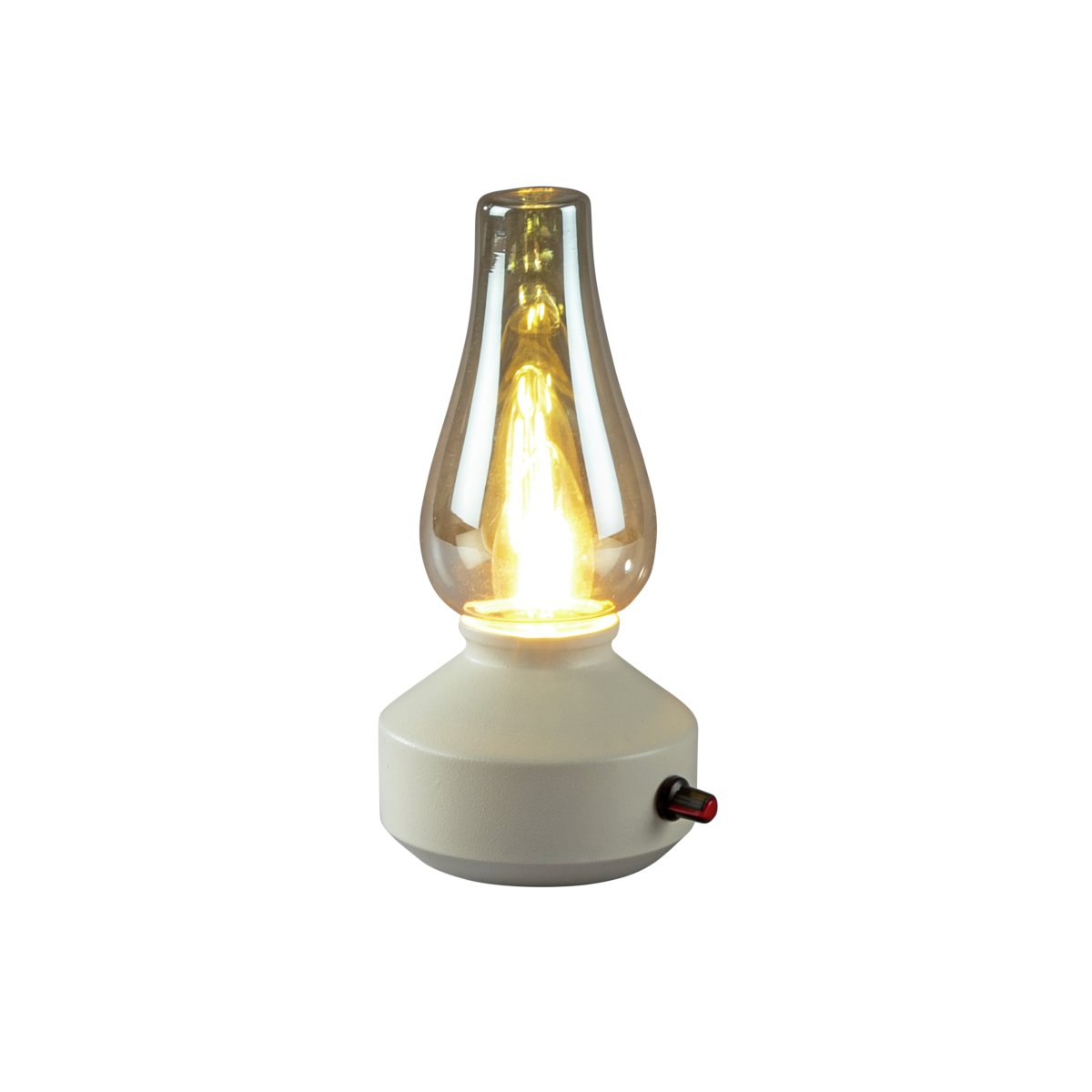 Genopladelig bordlampe 25cm Hvid bærbar Fra Konstsmide - Lampen er lavet af metal og glas med en hvid lampebase og en praktisk lysdæmper, der gør det nemt at justere det varme hvide, atmosfæriske lys.