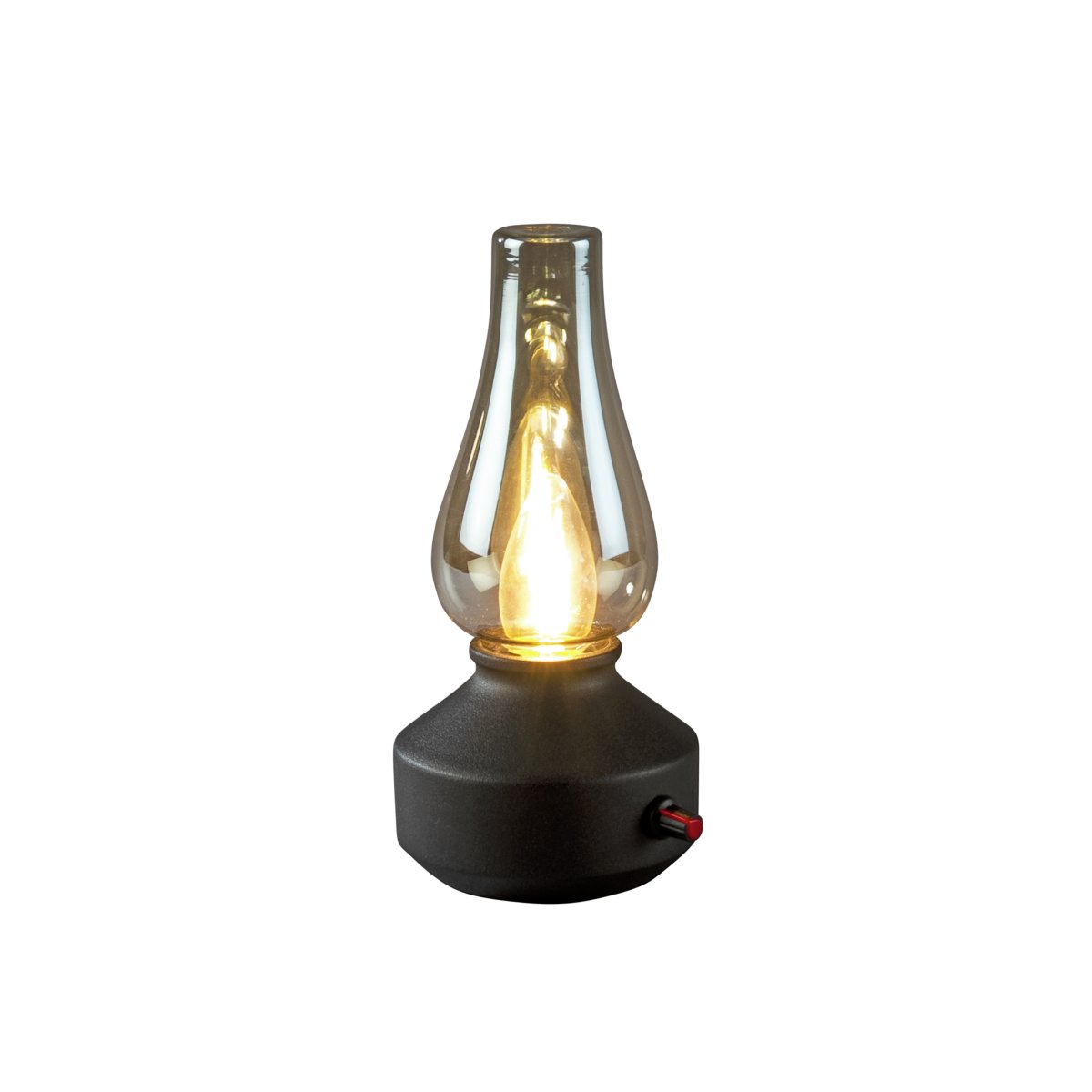 Genopladelig bordlampe 25cm Sort bærbar Fra Konstsmide - Lampen er lavet af metal og glas med en sort lampebase og en praktisk lysdæmper, der gør det nemt at justere det varme hvide, atmosfæriske lys.