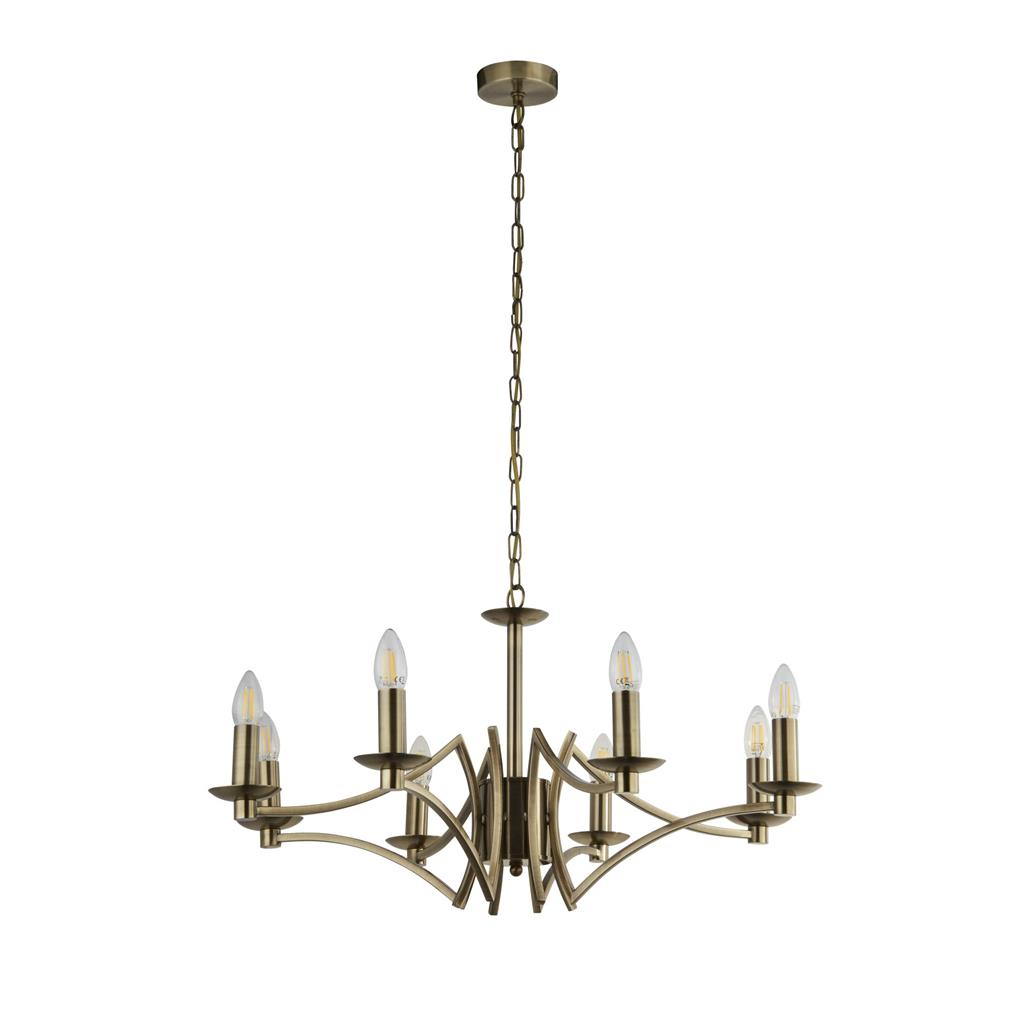 Ascot Ø72 Antik messing loftslampe Fra Searchlight - Med en generøs diameter på 72 cm og i alt 8 lampeholdere giver den en kraftfuld og jævn belysning.