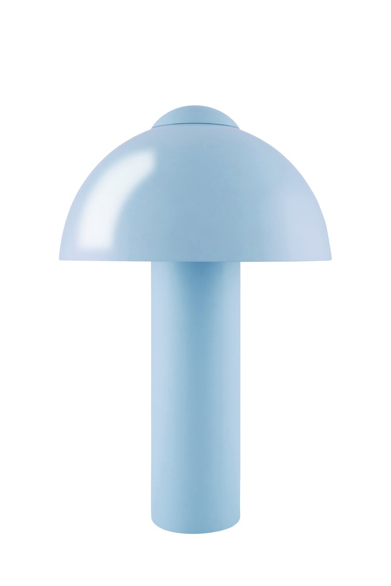 Buddy 36cm Lyseblå bordlampe Fra Globen Lighting - Den matte lampebase og -top står i kontrast til en højglansskærm.