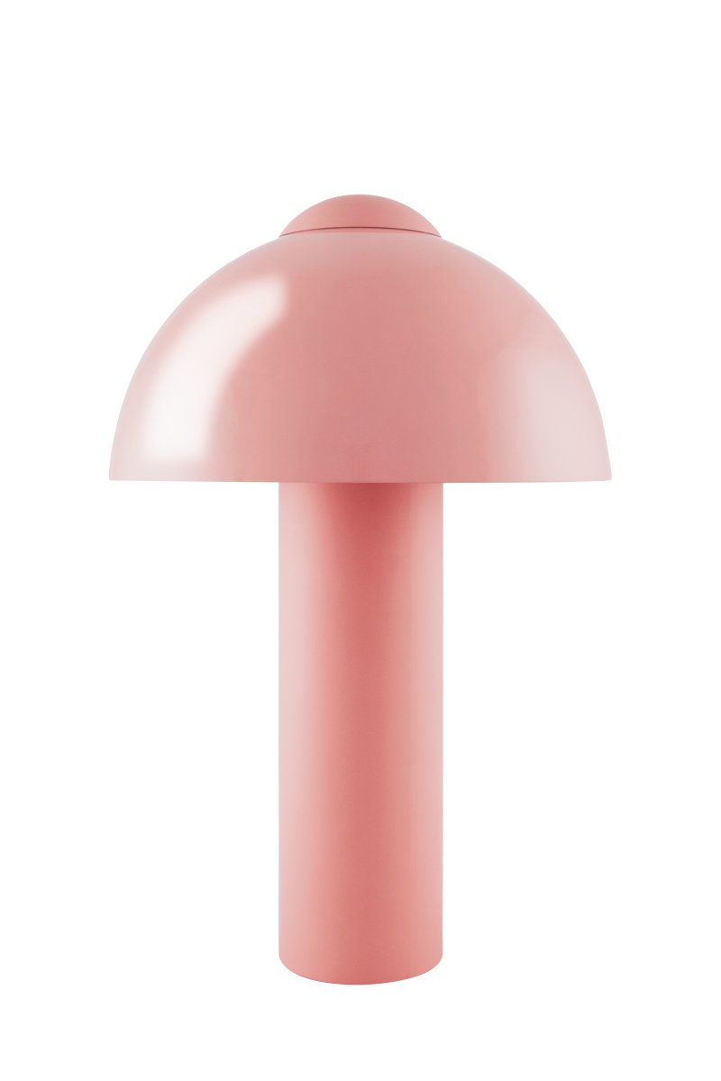 Buddy 36cm Lyserød bordlampe Fra Globen Lighting - Den matte lampebase og -top står i kontrast til en højglansskærm.
