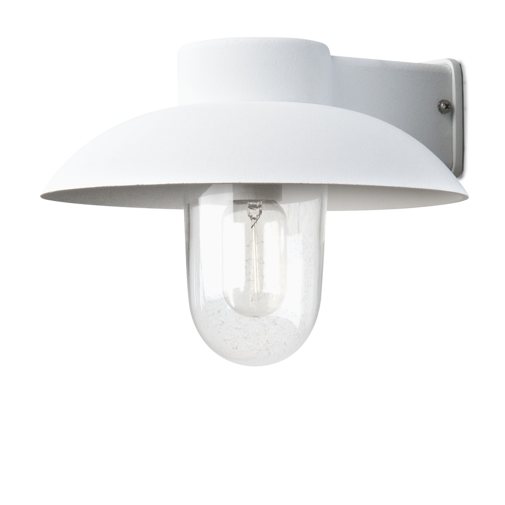 Mani Hvid udendørslampe Fra Konstsmide - Den brede skærm og den klare glaskuppel spreder et behageligt og rettet lys, som gør lampen perfekt til entre og terrasser.