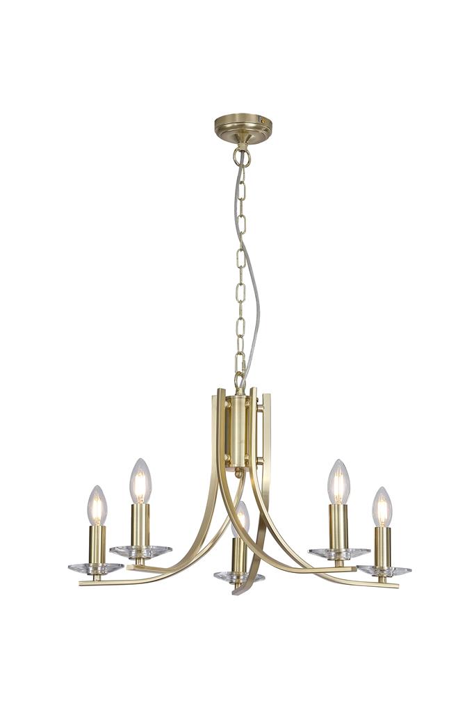 Ascona Ø62 Messing loftslampe Fra Searchlight - Ascona er en metallysekrone med en satineret messingfinish og et blødt buet armdesign, der giver et elegant og tidløst udtryk.