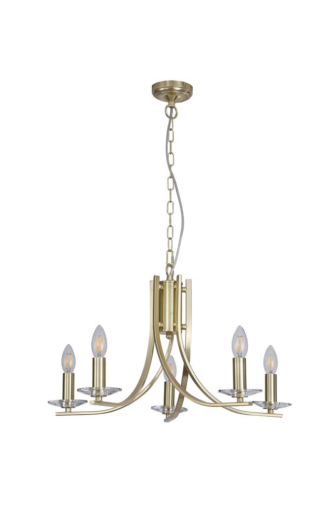 Ascona Ø62 Messing loftslampe Fra Searchlight - Ascona er en metallysekrone med en satineret messingfinish og et blødt buet armdesign, der giver et elegant og tidløst udtryk.