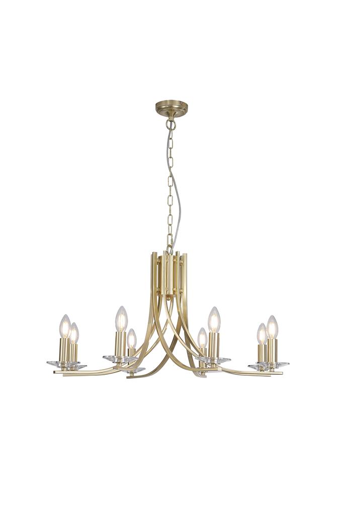 Ascona Ø75 Messing loftslampe Fra Searchlight - Ascona er en metallysekrone med en satineret messingfinish og et blødt buet armdesign, der giver et elegant og tidløst udtryk.