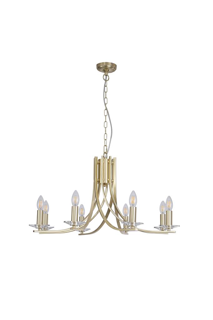 Ascona Ø75 Messing loftslampe Fra Searchlight - Ascona er en metallysekrone med en satineret messingfinish og et blødt buet armdesign, der giver et elegant og tidløst udtryk.