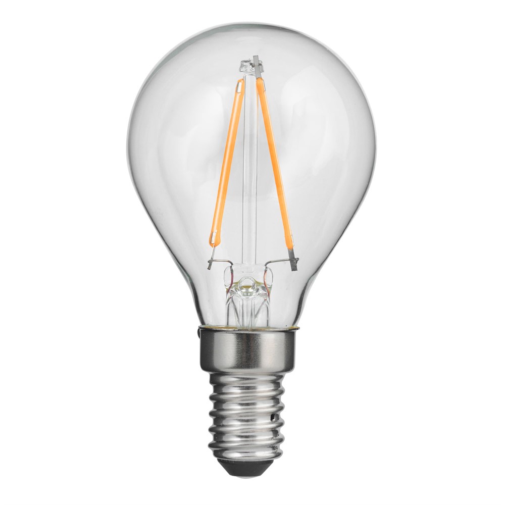 LED E14 kuglepære 2W 2700K Gennemsigtig Fra Unison - Med kun 2W effekt og et bl&oslash;dt, varmt lys p&aring; 2700K er den b&aring;de energieffektiv og perfekt til at skabe en behagelig atmosf&aelig;re i mindre lamper eller dekorative installationer.