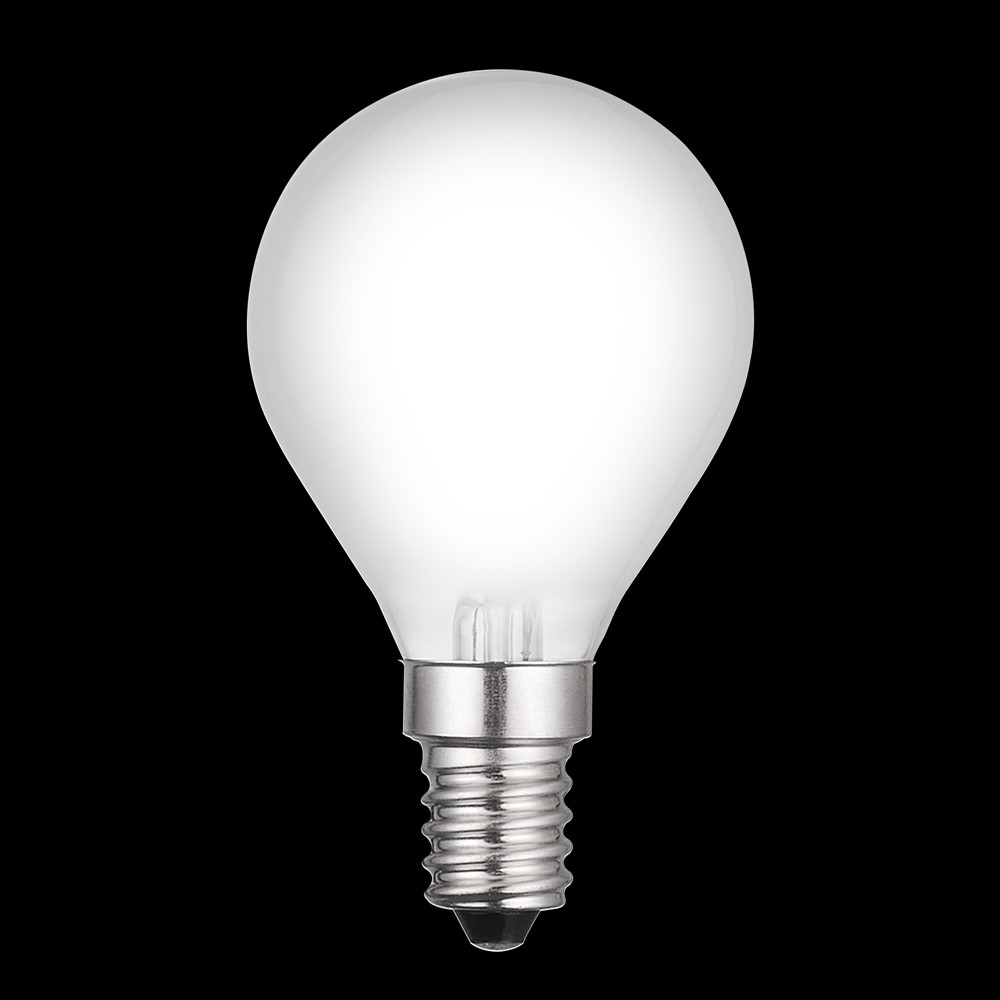 LED E14 kuglepære mat 0,8W 2700K Hvid Fra Unison - CLASSIC globe mat E14 lyskilde med effekt p&aring;; 0,8W og et varmt lys p&aring; 2700K giver en bl&oslash;d og behagelig lysspredning.