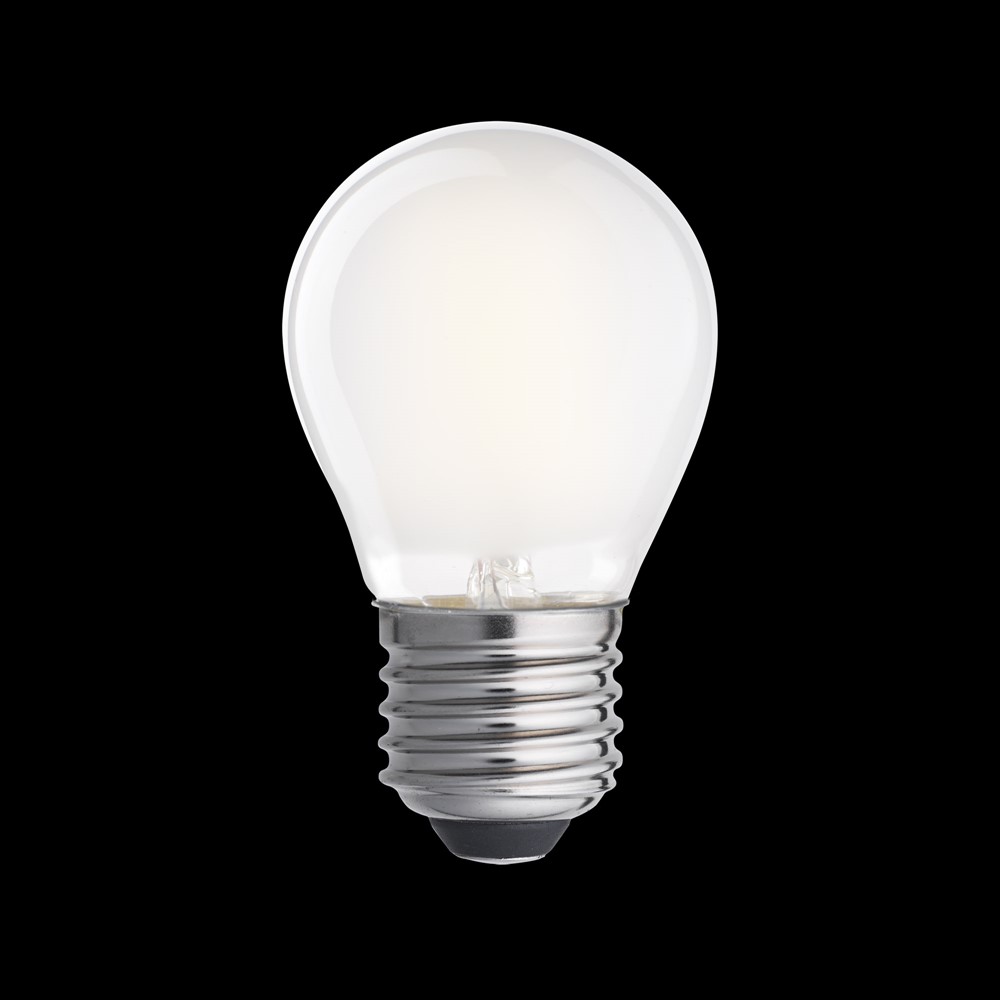 LED E27 kuglepære mat 0,8W 2700K Hvid Fra Unison - CLASSIC globe mat E27 lyskilde med effekt p&aring;; 0,8W og et varmt lys p&aring; 2700K giver bl&oslash;d og behagelig belysning.