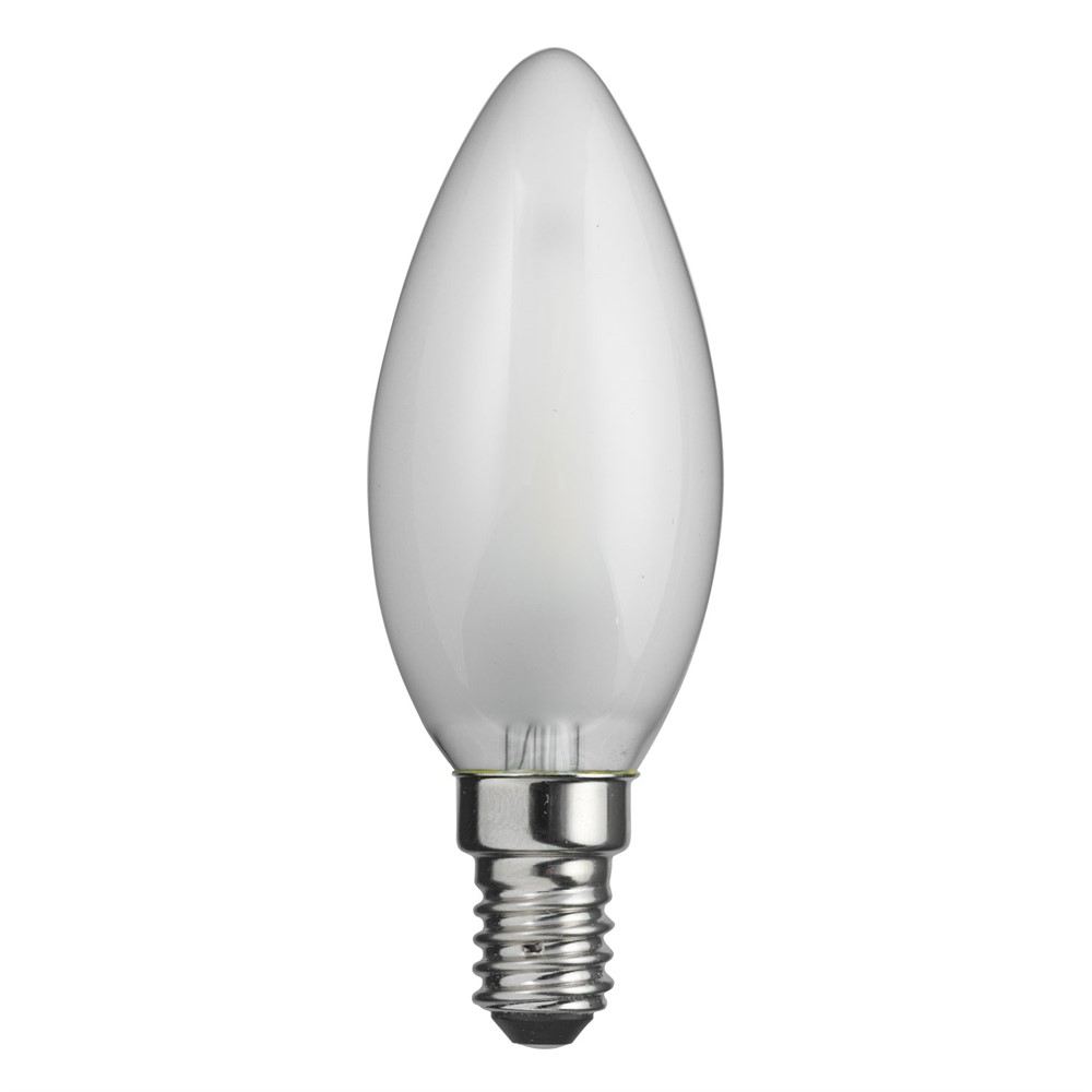 LED E14 Kronelyspære mat 2W 2700K Hvid Fra Unison - Den elegante kronlysform og den matte overflade g&oslash;r den ideel til lysekroner og andre dekorative armaturer, hvor der er brug for atmosf&aelig;risk og energieffektiv belysning.
