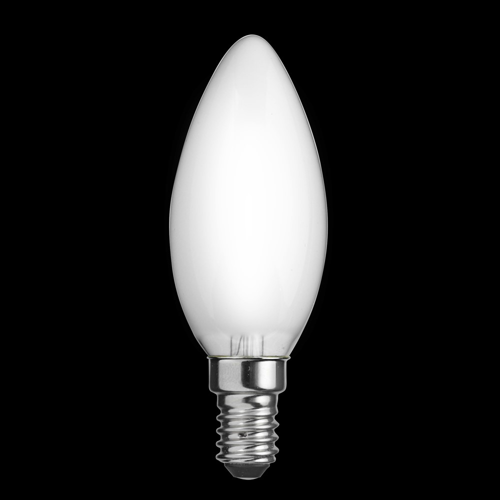 LED E14 Kronelyspære mat 2W 2700K Hvid Fra Unison - Den elegante kronlysform og den matte overflade g&oslash;r den ideel til lysekroner og andre dekorative armaturer, hvor der er brug for atmosf&aelig;risk og energieffektiv belysning.