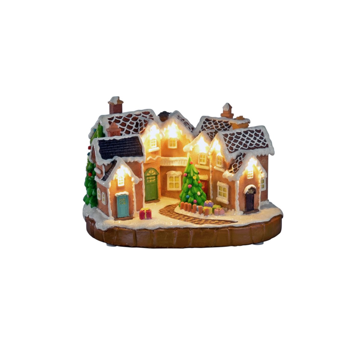 Peberkageby 17cm Brun Fra Konstsmide - Peberkagelandsbyen drives af 3 AA-batterier (medf&oslash;lger ikke) og kan ogs&aring; tilsluttes med det medf&oslash;lgende USB-kabel til brug med en ledning (transformer medf&oslash;lger ikke).