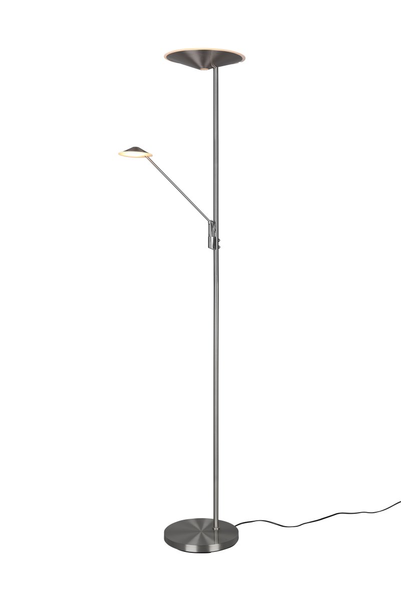 Brantford Børstet stål gulvlampe Fra Trio Lighting - Med dens integrerede sensordæmper kan du nemt justere lysstyrke og farve, mens hovedlyskilden og læsearmen kan bruges separat til fleksibel belysning.