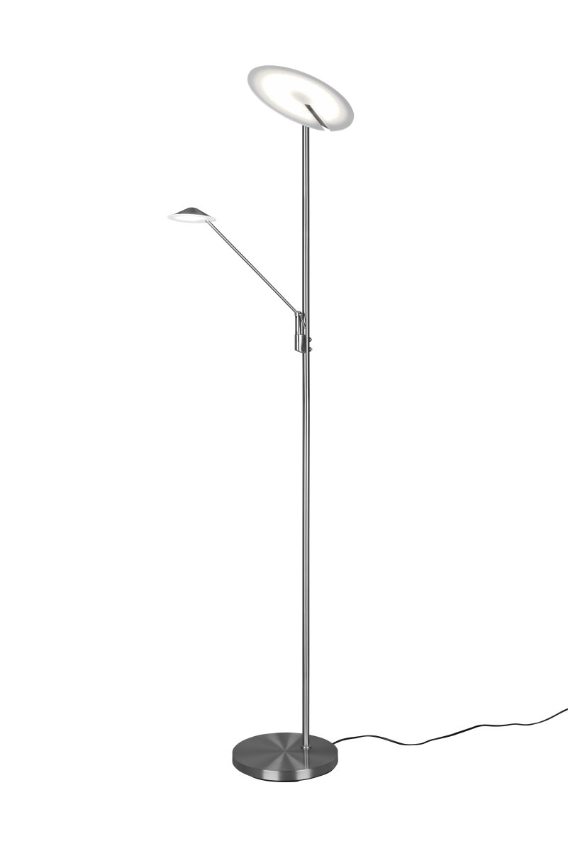 Brantford Børstet stål gulvlampe Fra Trio Lighting - Med dens integrerede sensordæmper kan du nemt justere lysstyrke og farve, mens hovedlyskilden og læsearmen kan bruges separat til fleksibel belysning.