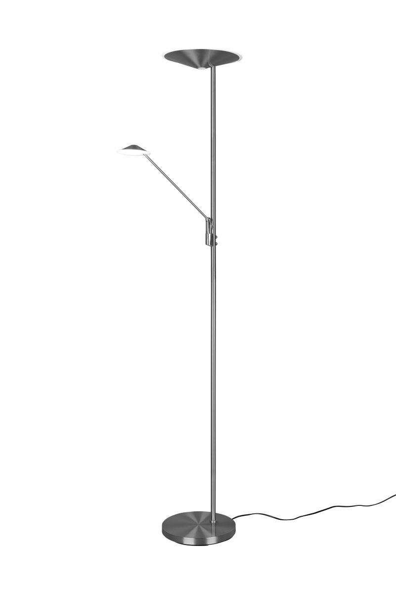 Brantford Børstet stål gulvlampe Fra Trio Lighting - Med dens integrerede sensordæmper kan du nemt justere lysstyrke og farve, mens hovedlyskilden og læsearmen kan bruges separat til fleksibel belysning.