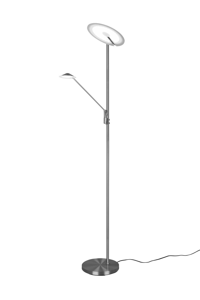Brantford Børstet stål gulvlampe Fra Trio Lighting - Med dens integrerede sensordæmper kan du nemt justere lysstyrke og farve, mens hovedlyskilden og læsearmen kan bruges separat til fleksibel belysning.