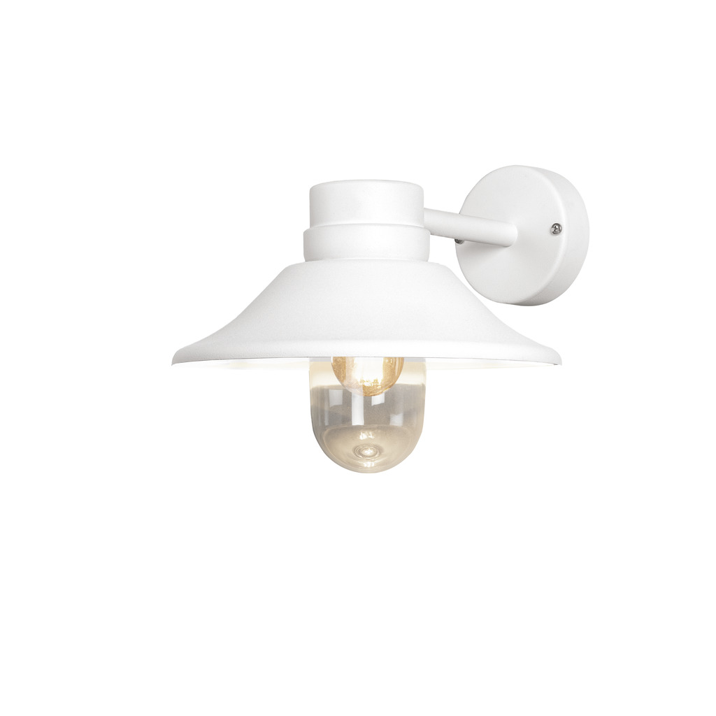 Vega Hvid udendørslampe Fra Konstsmide - Den brede skærm og den klare glaskuppel spreder et behageligt og rettet lys, som gør lampen perfekt til entre og terrasser.
