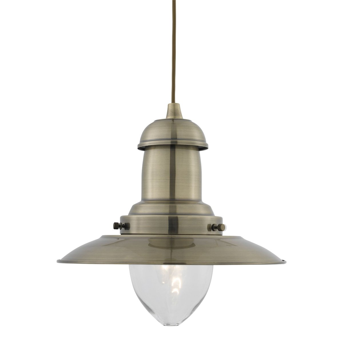Fisherman Ø32 Antik messing loftslampe Fra Searchlight - Fisherman loftslampe i antik messing med klar glasskærm har et robust, landligt inspireret design med klassisk, industriel stil.