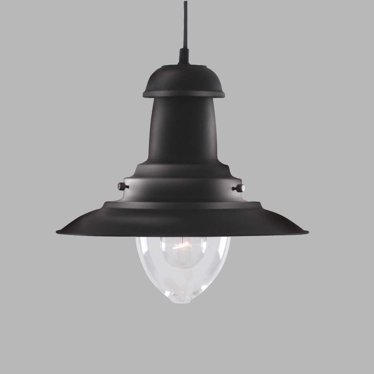 Fisherman Ø32 Sort loftslampe Fra Searchlight - Fisherman loftslampe i sort med klar glasskærm er en robust lanterne med en klassisk, industriel stil.