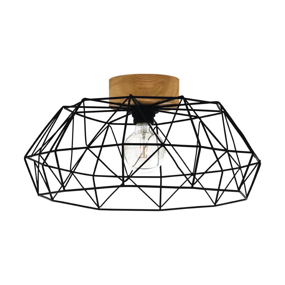 Padstow Ø45.5 Sort plafond Fra Eglo - Med en sort metalramme i et markant polygonalt design og en naturlig trædetalje, der står i kontrast til det industrielle, bliver denne lampe et kunstværk i sig selv.