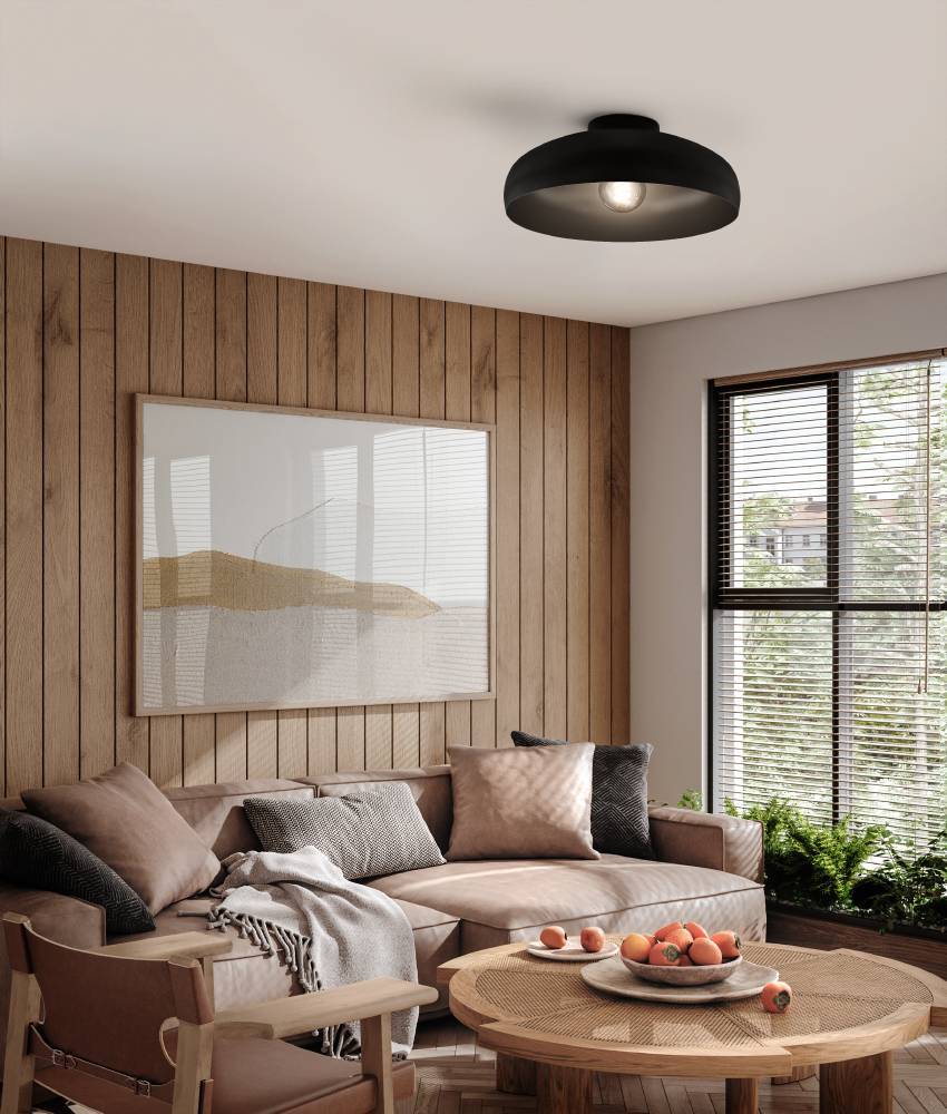 Mogano Ø40 Sort plafond Fra Eglo - Den eksponerede lyskilde giver et industrielt præg og spreder et jævnt og klart lys.