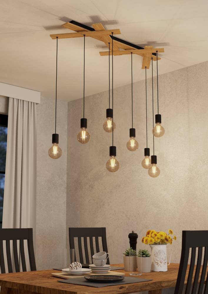 Monmount 108cm Sort loftslampe Fra Eglo - Perfekt til at give din spisestue eller stue et industrielt pr&aelig;g med en varm, indbydende atmosf&aelig;re.