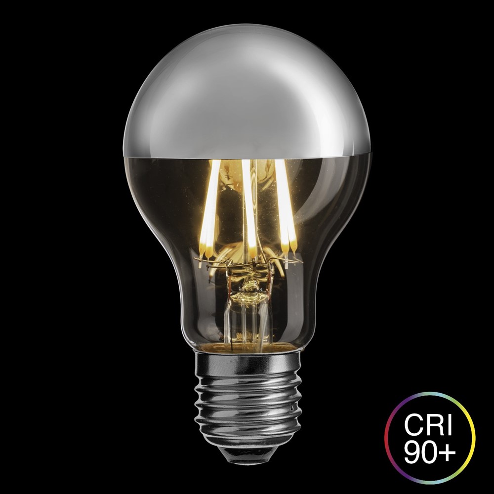 E27 Toppspejlet 6W 2700K Dæmpbar Gennemsigtig Fra Unison - Den er d&aelig;mpbar, s&aring; du kan justere lysniveauet efter behov, og den har et CRI (color rendering index) p&aring; &ouml;ver 90, hvilket sikrer fremragende farvegengivelse.