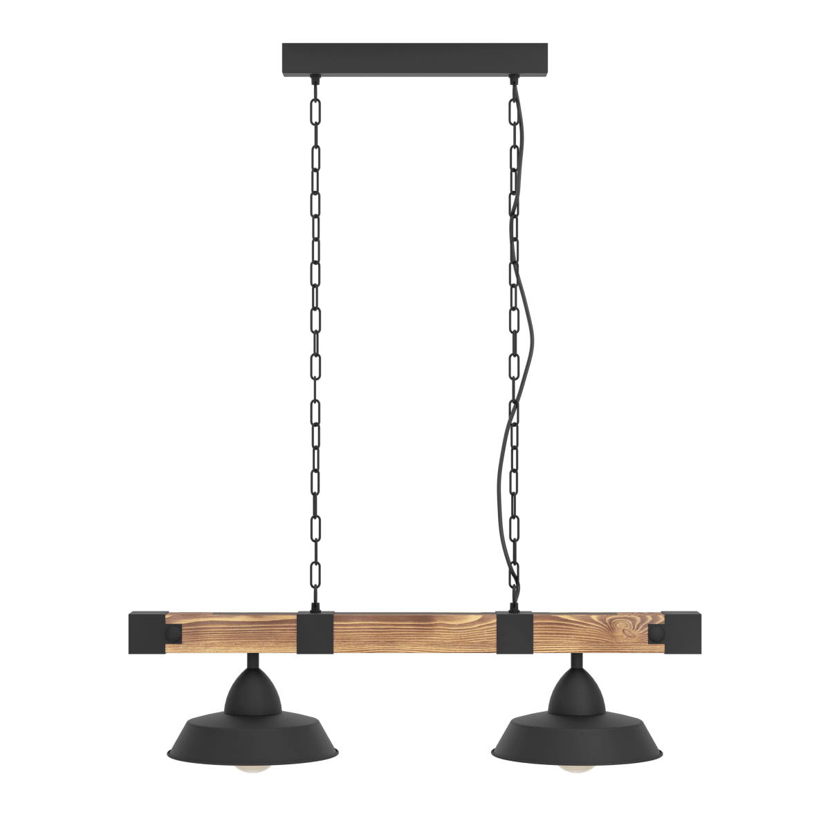 Oldbury 86cm Sort loftslampe Fra Eglo - Tr&aelig;bj&aelig;lken giver et varmt udtryk, mens de to sorte sk&aelig;rme med hvidt inderside spreder et behageligt og rettet lys.
