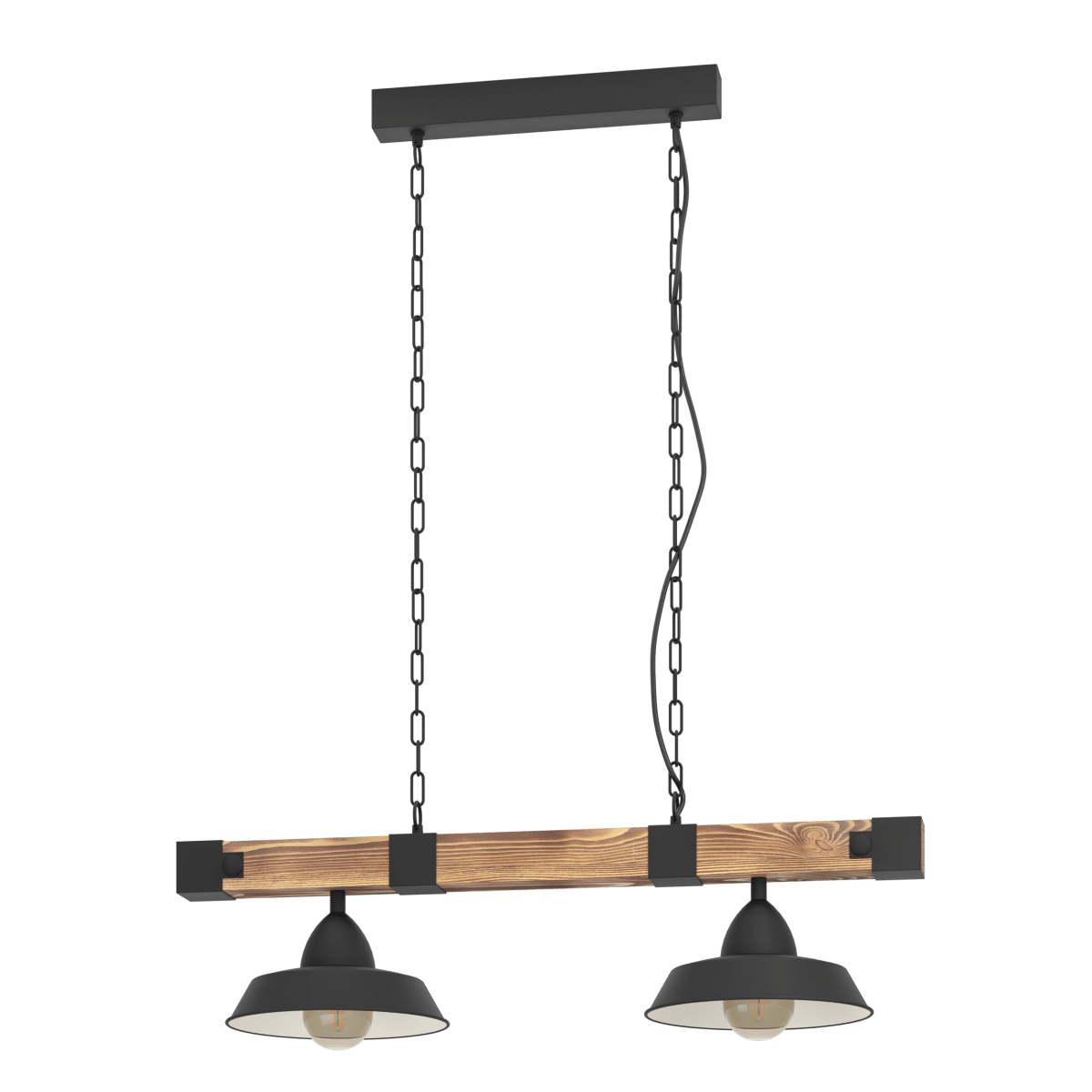 Oldbury 86cm Sort loftslampe Fra Eglo - Tr&aelig;bj&aelig;lken giver et varmt udtryk, mens de to sorte sk&aelig;rme med hvidt inderside spreder et behageligt og rettet lys.