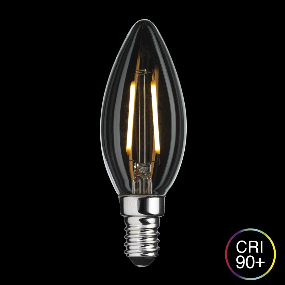 LED E14 Kronelyspære 2W 2700K Dæmpbar Gennemsigtig Fra Unison - Denne klare kroneformede LED-lampe har en E14-fatning og en effekt p&aring; 2W.