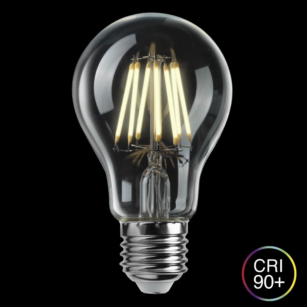 E27 normal 8W 2700K Dæmpbar Gennemsigtig Fra Unison - Med en CRI-v&aelig;rdi p&aring; Over 90% giver den en naturlig og pr&aelig;cis farvegengivelse, hvilket g&oslash;r den ideel til omr&aring;der, hvor lyskvaliteten er vigtig.