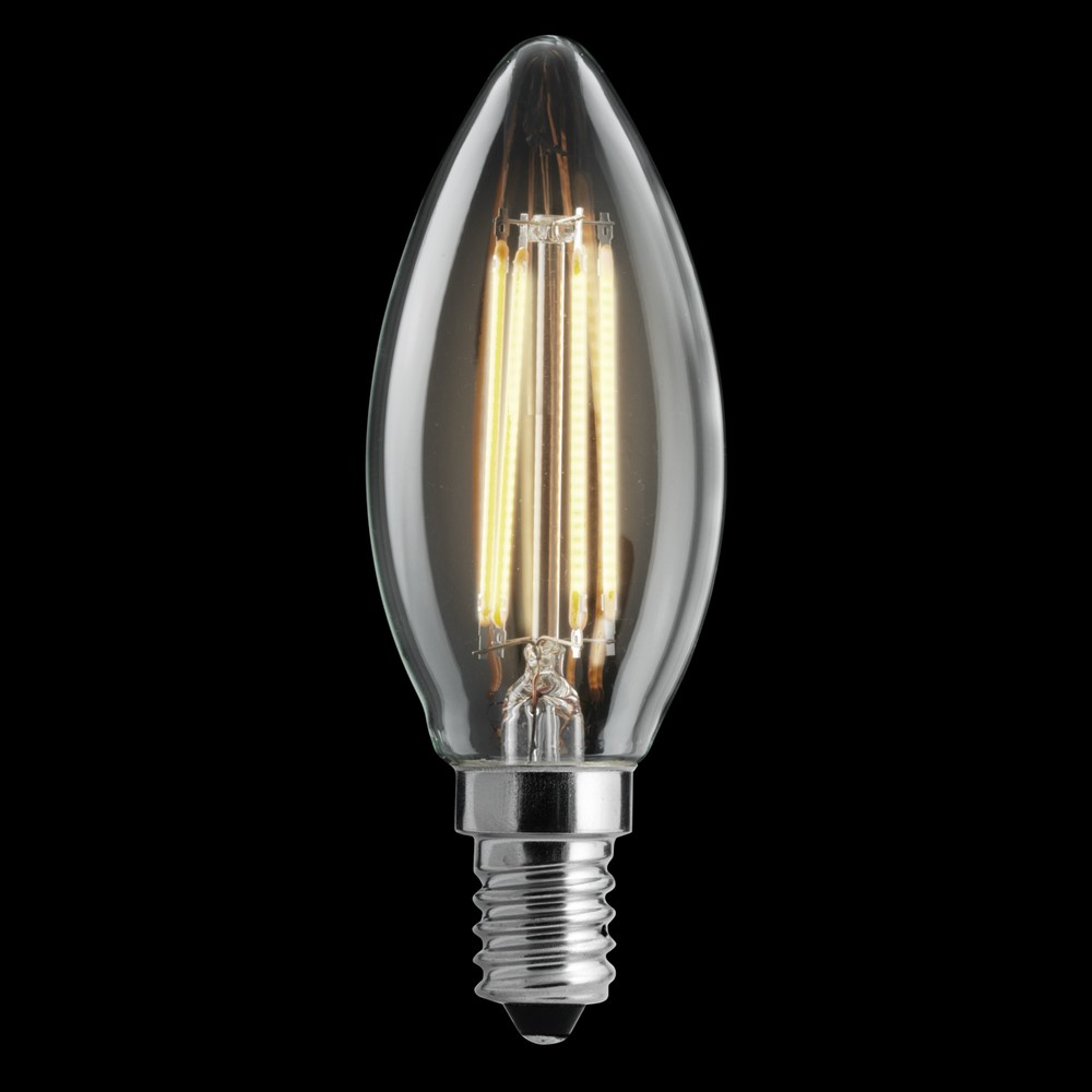 LED E14 Kronelyspære 4W 2700K Dæmpbar Gennemsigtig Fra Unison - Denne klare kroneformede LED-lampe har en E14-fatning og en effekt p&aring; 4W.