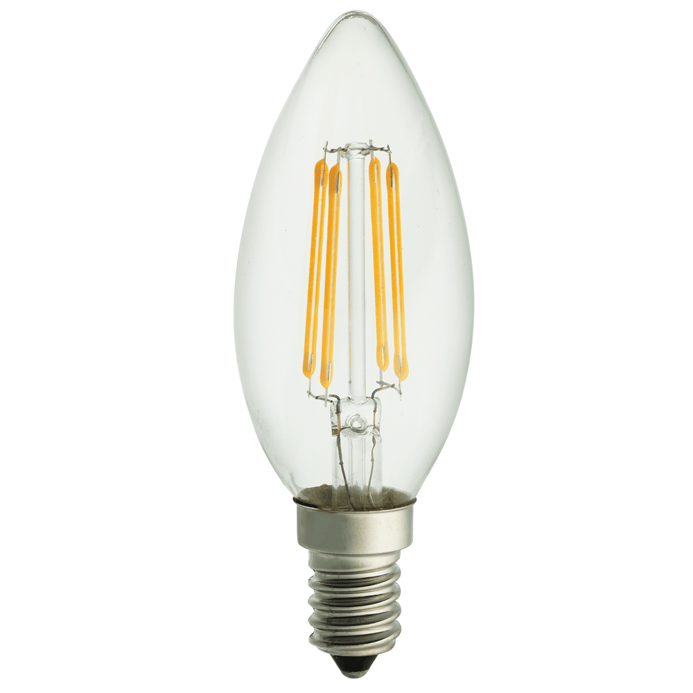 LED E14 Kronelyspære 4W 2700K Dæmpbar Gennemsigtig Fra Unison - Denne klare kroneformede LED-lampe har en E14-fatning og en effekt p&aring; 4W.
