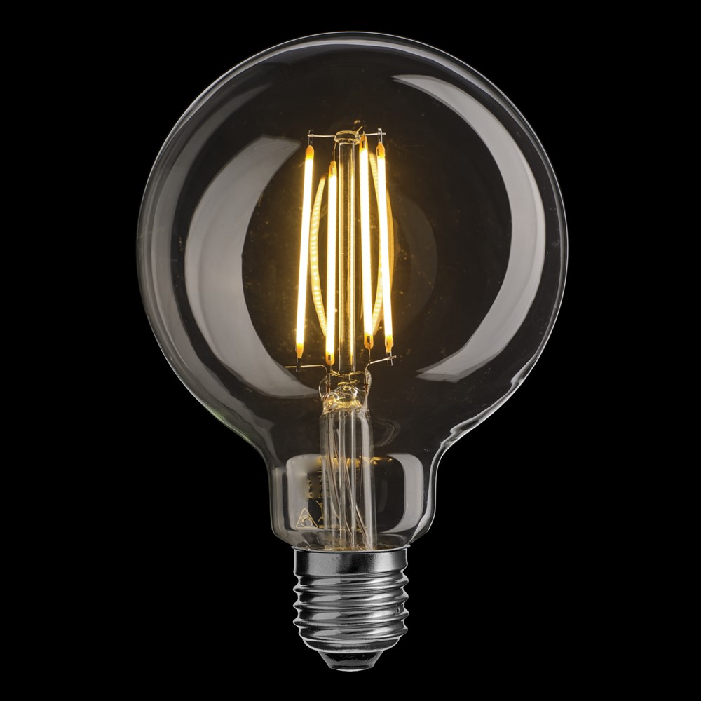 E27 Globepære 8W 2700K Dæmpbar Gennemsigtig Fra Unison - Dette er en UNI-LEDISON globelampe med en diameter p&aring; 100 mm og en klar E27 fatning.