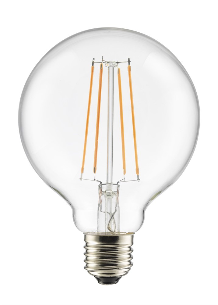 E27 Globepære 7,5W 2200K Dæmpbar Gennemsigtig Fra Unison - Dette er en UNI-LEDISON globelampe med en diameter p&aring; 100 mm og en klar E27 fatning.