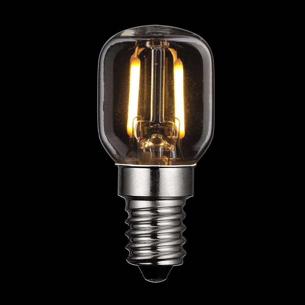 E14 Pærelampe 1,2W 2200K Dæmpbar Gennemsigtig Fra Unison - Denne P&auml;ron LED-lampe med en klar E14 base har en effekt p&aring;; 1,2W og en farvetemperatur p&aring; 2200K.