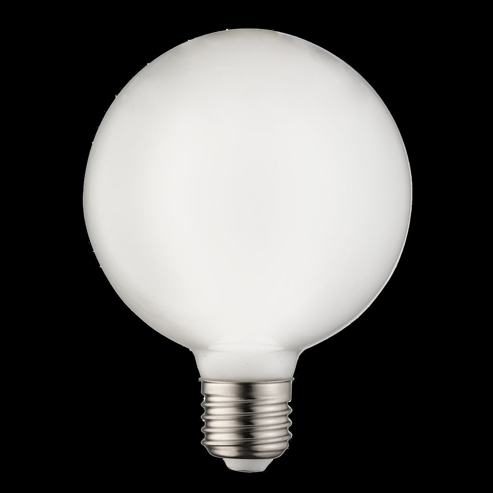 E27 Globepære opal 7W 2700K Dæmpbar Hvid Fra Unison - Dette er en LED HG globelampe med en diameter p&aring; 100 mm og en E27 fatning i opalglas.