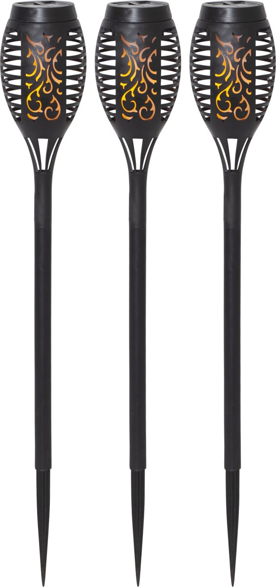 Flame Mini 3-p Sort solcellelampe Fra Star Trading - Perfekt til placering i blomsterbede, potter eller langs stier i haven eller på altanen.