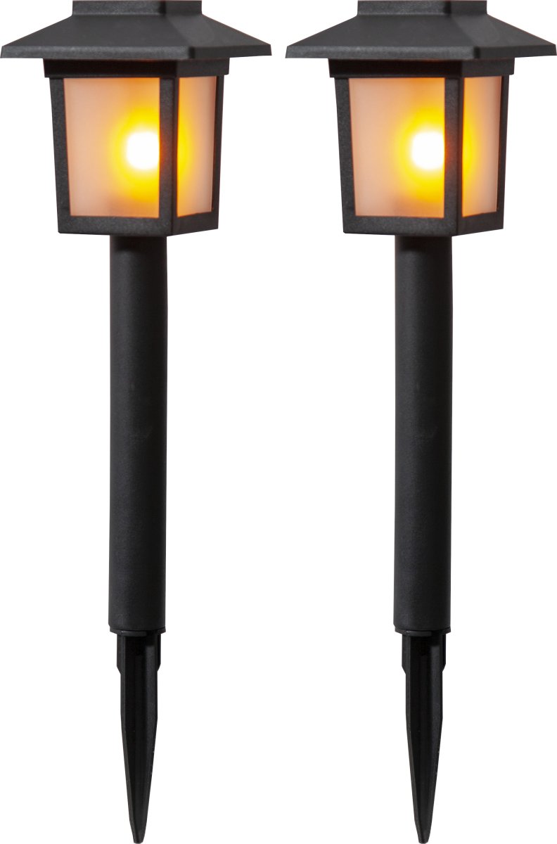 Flame Mini 2-p Sort solcellelampe Fra Star Trading - 2p solcellepullert med et flammende lys.
