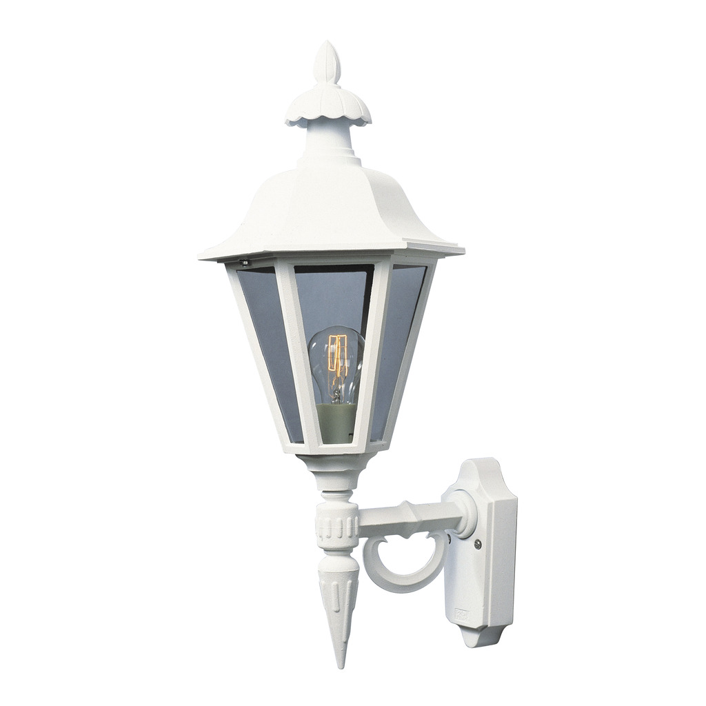 Pallas Hvid udendørslampe Fra Konstsmide - Med sit lanterneformede design og klare glaspaneler spreder lampen et varmt og indbydende lys, der er perfekt til indgange, terrasser og gangbroer.